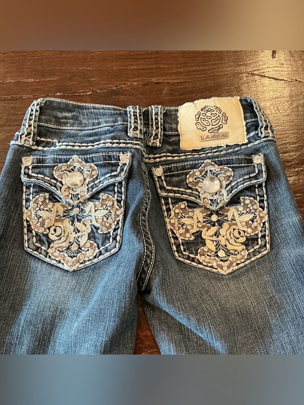 L.A. Idol Rose Rhinestone Bootcut Jeans Embellished Pockets Juniors Size 1
